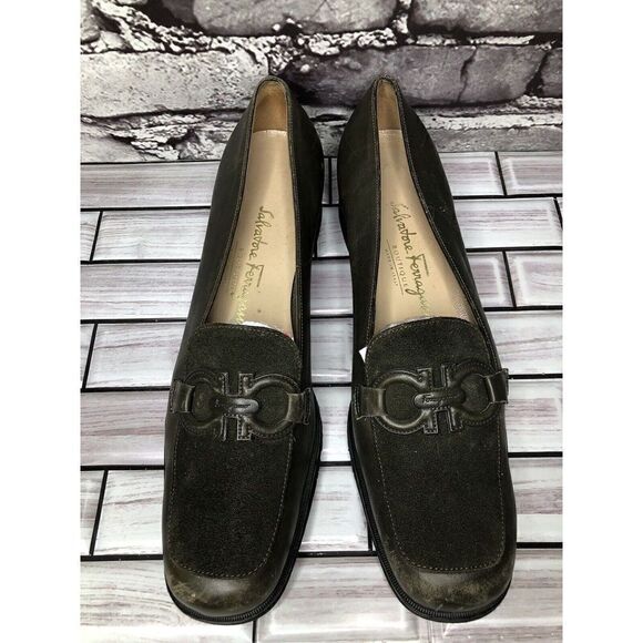 Salvatore Ferragamo Boutique Green Suede Leather Logo Pump Shoes Women Sz 8.5 2A - Picture 6 of 16